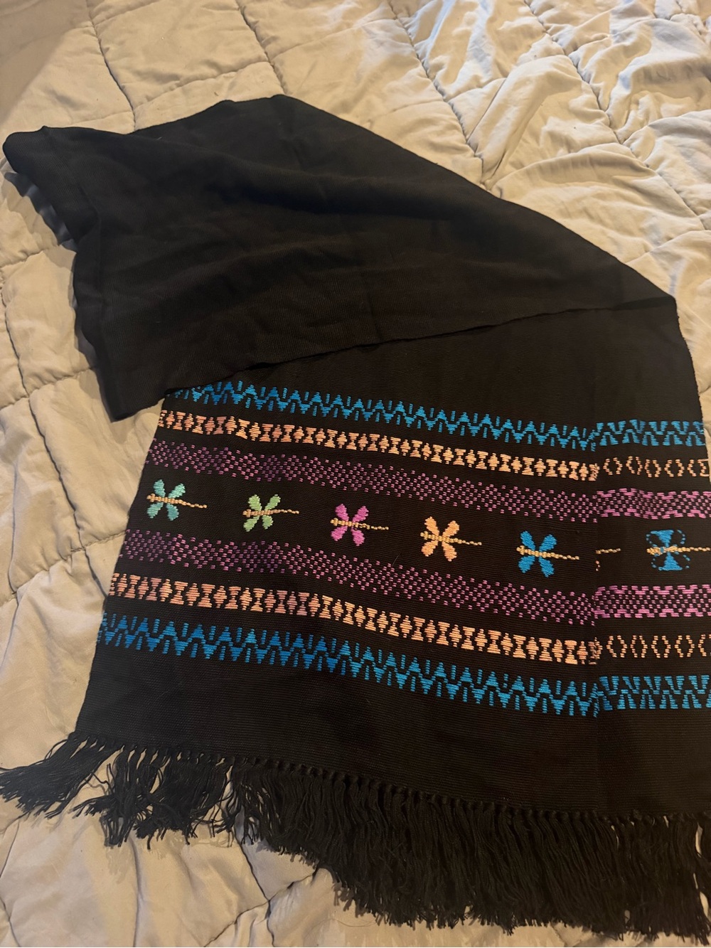 Black Fringed Scarf with Multicolor Floral Embroidery